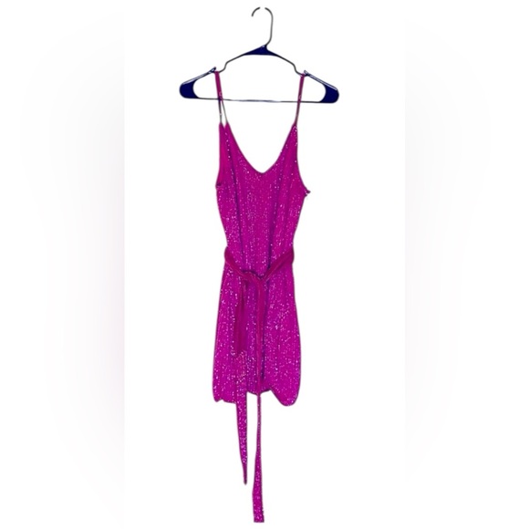 Retrofete Claire Beaded Sequin Mini Dress Size Large Hot Pink With Tie Waist - Picture 5 of 15